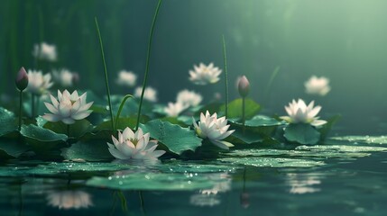 Water lilies floating serenely on a tranquil pond, their delicate petals kissed by the morning light.