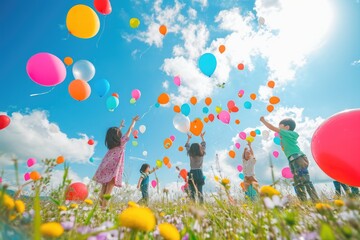 Children Playing With Colorful Balloons in a Open Field, A vast sunny meadow filled with children releasing brightly colored balloons, AI Generated - obrazy, fototapety, plakaty
