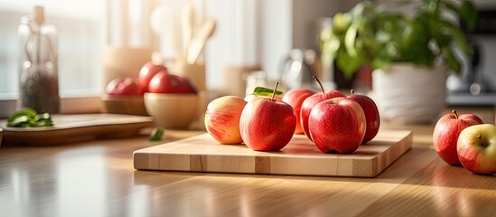 Obraz na płótnie Canvas A bunch of apples, a natural food and superfood, are placed on a wooden cutting board in a kitchen, ready to be used as an ingredient in a recipe