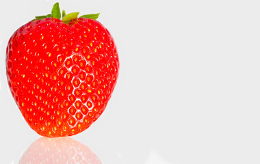 czerwona truskawka, Ripe red strawberry on white background, truskawka na białym tle z odbiciem (Fragaria × ananassa), strawberry on white background, copy space	