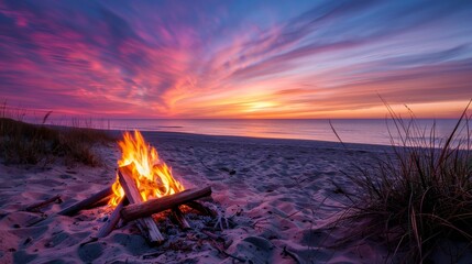 Beach Twilight Bonfire with Summer Sky Sunset Scene Stock Picture