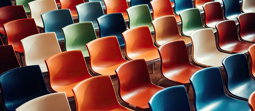 A row of cheerful plastic chairs in electric blue, magenta, and patterned designs are lined up in a rectangle, creating a lively seating area for an event or leisure room