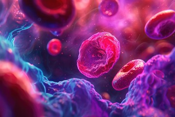A collection of red and purple balloons gracefully floating through the air, A vibrant, colorful representation of a blood cell anatomy, AI Generated - obrazy, fototapety, plakaty