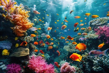 Fototapeta na wymiar A dynamic scene of numerous fish swimming in a large group above a colorful coral reef, A vibrant coral reef bustling with tropical fish and marine life, AI Generated