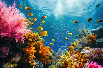 Fototapeta na wymiar A dynamic scene capturing a large congregation of fish swimming over a vibrant coral reef, A vibrant coral reef bustling with tropical fish and marine life, AI Generated