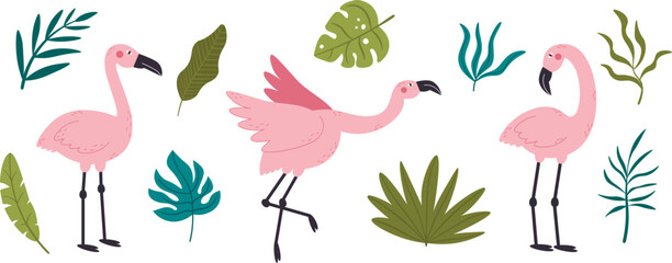 Pink flamingos and tropical leaves vector set. Illustration for decor, postcard,  print