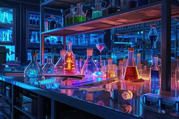 A busy lab is filled with a variety of differently colored flasks, showcasing a vibrant array of scientific experiments and research, A vibrant depiction of a biotechnology lab, AI Generated - obrazy, fototapety, plakaty