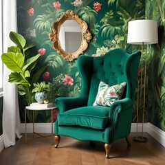 A statement armchair in emerald green velvet, with a high back and scalloped detailing, set against a backdrop of botanical wallpaper and lush greenery.