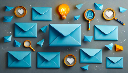3d blue mail envelope icon set with marker new message isolated on grey background.