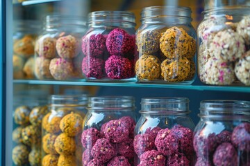A display case showcasing an assortment of candies, featuring a wide range of different types and flavors, A vibrant display of raw energy balls in a glass jar for takeaway, AI Generated