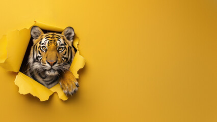 A thought-provoking portrait of a tiger thoughtfully emerging from a torn yellow paper background - obrazy, fototapety, plakaty