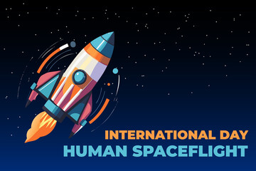 rocket in space commemorating the international day of human spaceflight - obrazy, fototapety, plakaty