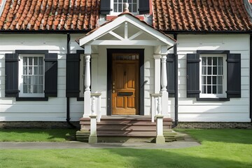 The entrance to a house has a wooden door and a roof. The house looks like it's from a long time ago and has tall columns.