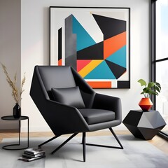A sculptural armchair in matte black with an asymmetric design, placed in a monochromatic space with geometric accents and bold artwork.