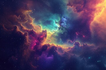 A vibrant space scene featuring numerous stars and swirling clouds, A vibrant interstellar cloudscape unfolding in the heart of a galaxy, AI Generated - obrazy, fototapety, plakaty