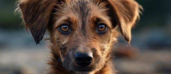 A closeup image of a fawncolored puppy with whiskers and floppy ears, a popular companion dog breed, staring directly into the camera - obrazy, fototapety, plakaty