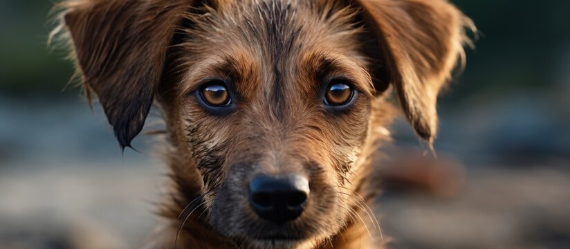 A closeup image of a fawncolored puppy with whiskers and floppy ears, a popular companion dog breed, staring directly into the camera