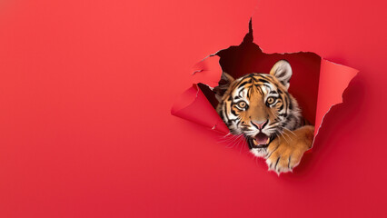 A ferocious tiger breaks through red paper, symbolizing raw power and untamed energy - 761678727