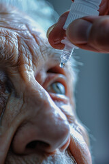gros plan sur une personne âgée qui se met des gouttes de collyre dans l’œil