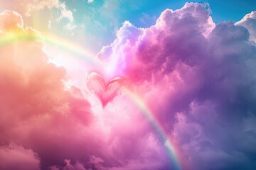 A vibrant rainbow stretches across the sky, accompanied by a heart-shaped cloud, A vibrant rainbow ending in heart-shaped clouds, AI Generated - obrazy, fototapety, plakaty