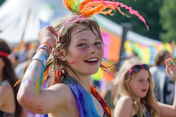 A young girl is pictured wearing a vibrant headdress on her head, A vibrant summer festival full of youth and laughter, AI Generated