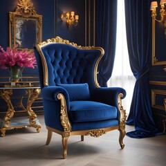 A-sophisticated-armchair-with-a-high-back-and-tufted-detailing--upholstered-in-navy-blue-velvet-and-set-against-a-backdrop-of-luxurious-drapes-and-ornate-decor