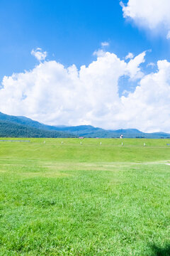 Landscape view of green grass on slope with clouds and blue sky,Beautiful green hills, pastures and trees,space for text,copy space.