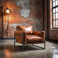 An-industrial-style-armchair-with-distressed-leather-upholstery-and-metal-frame--placed-in-a-loft-style-space-with-exposed-brick-walls-and-concrete-floors