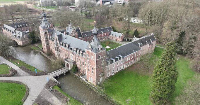 University castle Arenberg. Arenberg Castle is a castle in Heverlee Leuven. Historic monument, aerial drone view.