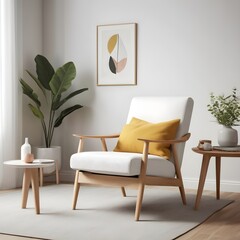 A Scandinavian-inspired armchair in crisp white upholstery, paired with light wood legs and placed in a minimalist living room with Scandinavian decor.