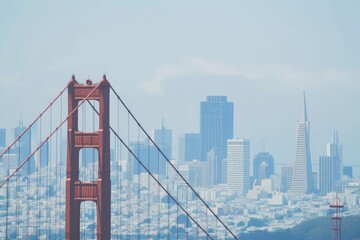 Fototapeta na wymiar A clear view of the iconic Golden Gate Bridge spanning over the waters of San Francisco Bay, A view of San Francisco's skyline with the Golden Gate Bridge in frame, AI Generated