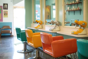 Fototapeten A bustling hair salon filled with vibrant chairs and mirrors, offering a lively atmosphere for haircuts and styling, A vintage 1960s hair salon with colorful hairdryer chairs, AI Generated © Iftikhar alam