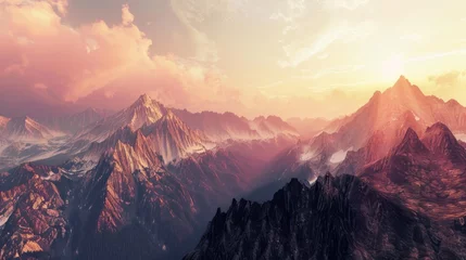 Fotobehang Twilight Magic: Mountain Range Sunset Panorama © Newaystock