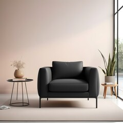 A sleek, black armchair with clean lines and a matte finish, set against a backdrop of soft, neutral tones.