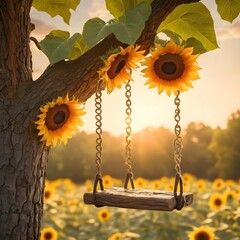 A-sunflower-swing-hangs-from-the-sturdy-branches-of-an-old-oak-tree--its-petals-catching-the-last-rays-of-sunlight--creating-a-stunning-contrast-against-the-vibrant-sky