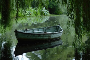 Small Boat Floating on Clear Blue Lake, A vintage row boat floating idly over a mirror-like pond,...
