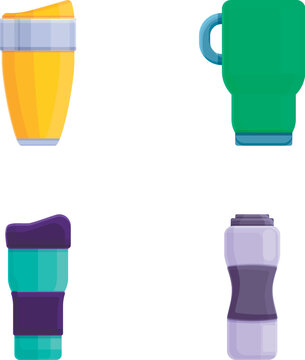 Thermo cup icons set cartoon vector. Thermal mug and thermos. Termo container for warm drink
