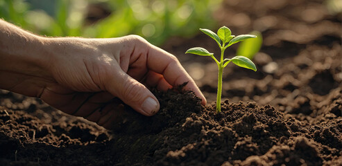 A young green sprout in a handful of earth in the palms of a farmer plants in the ground close-up