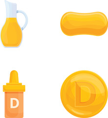 Vitamin d icons set cartoon vector. High vitamin d food. Healthy product