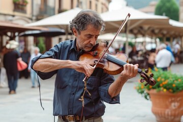 A talented man captivates passersby as he skillfully plays the violin on a bustling city street, A violinist playing passionately in a quiet town square, AI Generated - obrazy, fototapety, plakaty