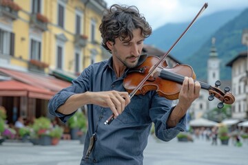 Fototapeta premium A man skillfully plays the violin on a bustling city street, captivating passersby with his music, A violinist playing passionately in a quiet town square, AI Generated