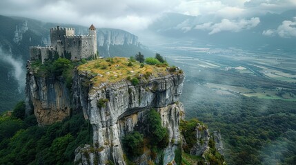 French mountain castle on a rock outcrop high above a deep valley.