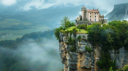 Perched high above a steep gorge, the French mountain castle stands proudly on a rocky outcrop,...