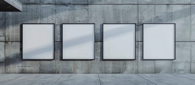 Four white rectangles made of composite material are hung in parallel on a grey concrete wall. The symmetry of the arrangement creates a striking pattern against the brick building material