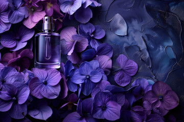 Elegant perfume bottle among purple hydrangeas - obrazy, fototapety, plakaty
