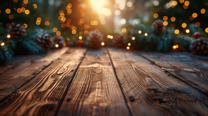 Wooden background with christmas decorations and bokeh lights - obrazy, fototapety, plakaty