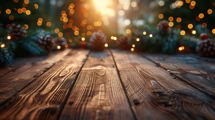 Fotobehang Wooden background with christmas decorations and bokeh lights © taraskobryn