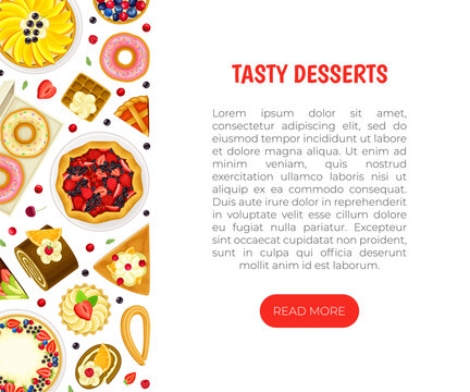 Tasty Dessert Banner Design with Sugary Pastry Top View Vector Template