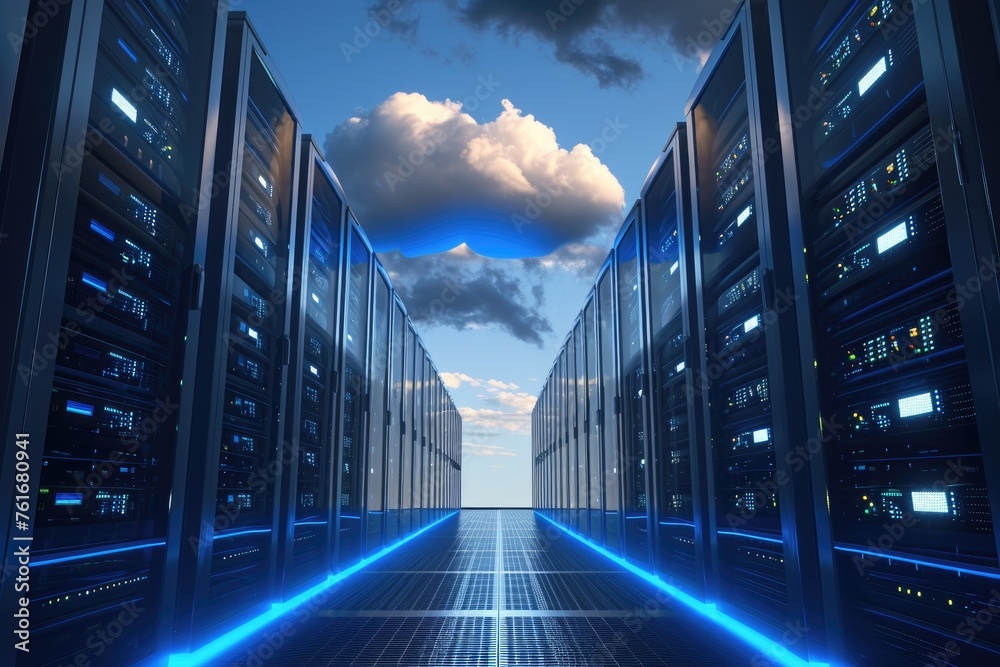 Aufkleber multiple server racks filled with rows of servers in a modern and efficient server room, a visual in