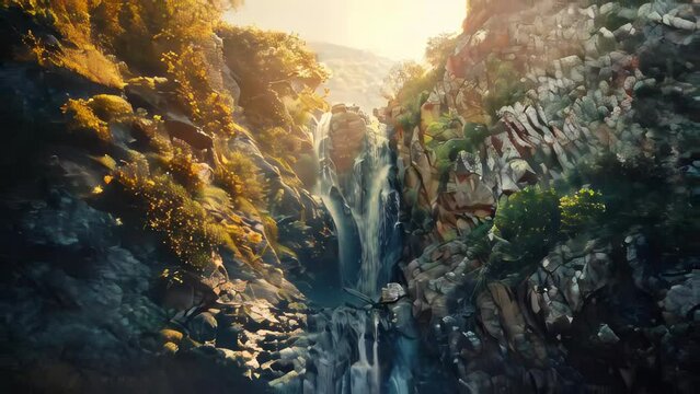 Beautiful waterfall in the mountains at sunset. Toned image.